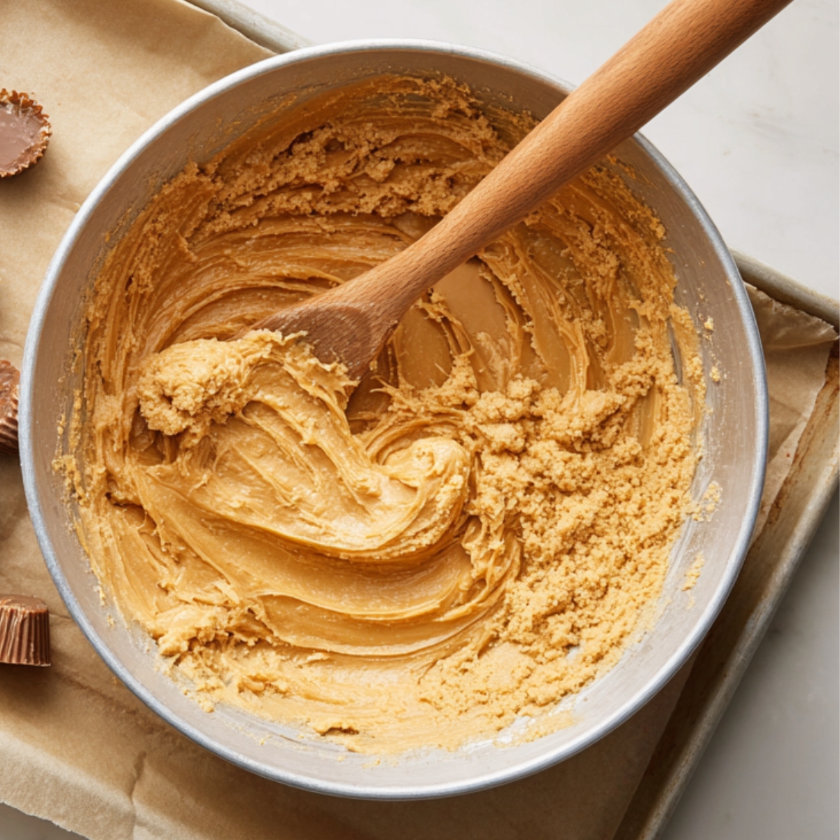 Mixing bowl filled with creamy peanut butter cookie dough being stirred with a wooden spoon, with small peanut butter cups visible nearby.