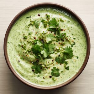 A bowl of creamy green sauce made with herbs, topped with chopped cilantro, ground pepper, and spices, served on a light wooden surface.