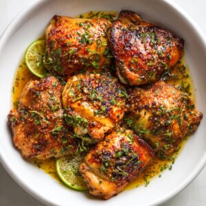 A plate of golden-brown roasted chicken thighs garnished with fresh herbs and lime slices, glistening with a flavorful sauce.