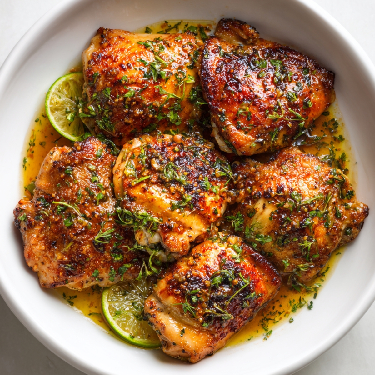 A plate of golden-brown roasted chicken thighs garnished with fresh herbs and lime slices, glistening with a flavorful sauce.