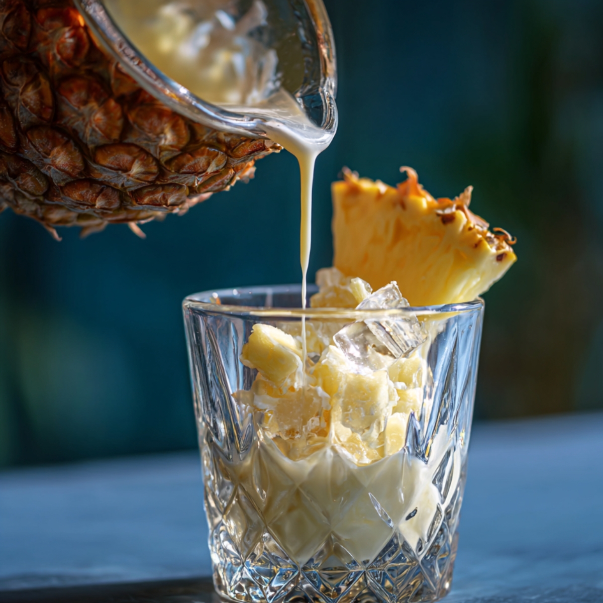 “Close-up of pineapple juice and cream being poured into a glass filled with pineapple chunks and ice, garnished with a pineapple wedge.”