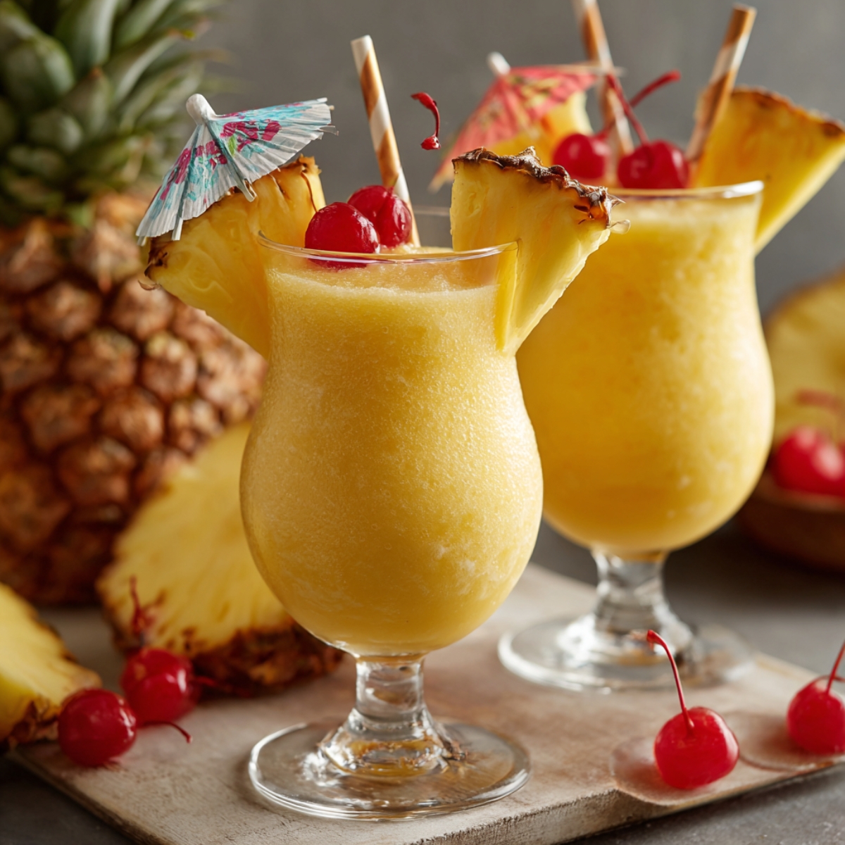 “Two glasses of creamy piña colada garnished with pineapple slices, maraschino cherries, and paper umbrellas, served on a wooden board with fresh pineapple in the background.”