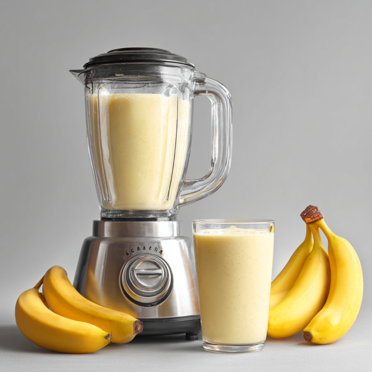 “Blender and glass of banana pineapple smoothie with whole bananas beside it on a gray background.”