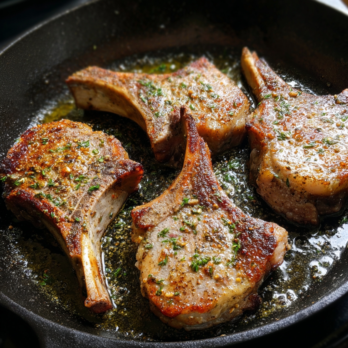 “Pan-seared pork chops arranged in a skillet, coated in a caramelized glaze and topped with fresh rosemary and herbs.”