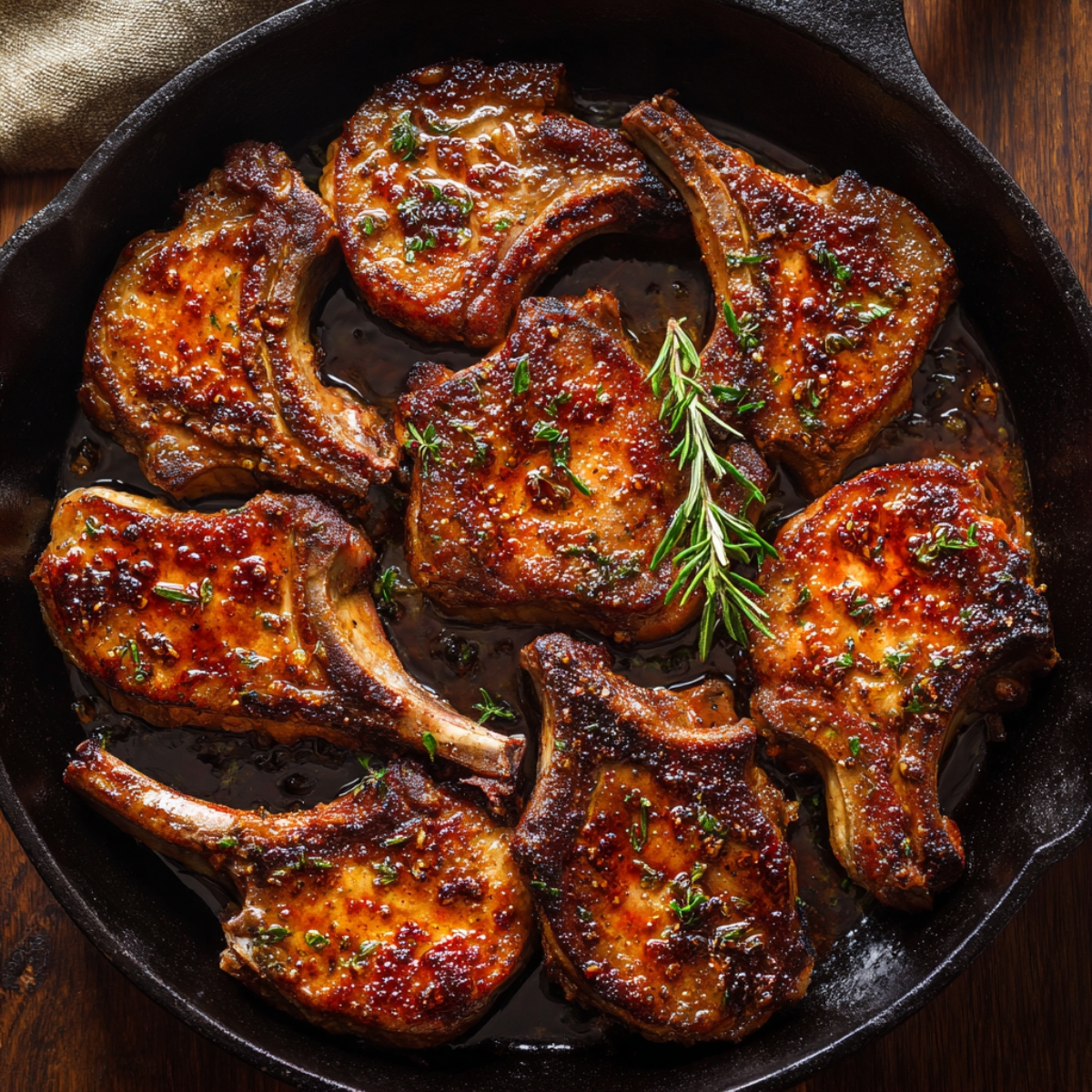 “Golden brown seared pork chops cooking in a cast iron pan, garnished with chopped herbs and glistening in a buttery sauce.”