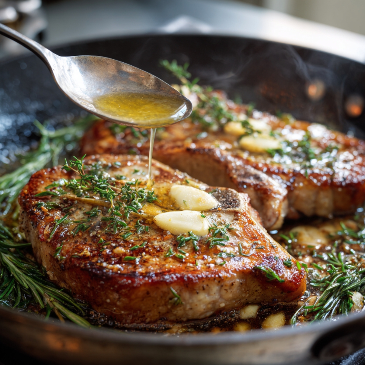 “Two thick pork chops being basted in a skillet with melted butter, garlic cloves, fresh thyme, and rosemary, creating a golden brown crust.”