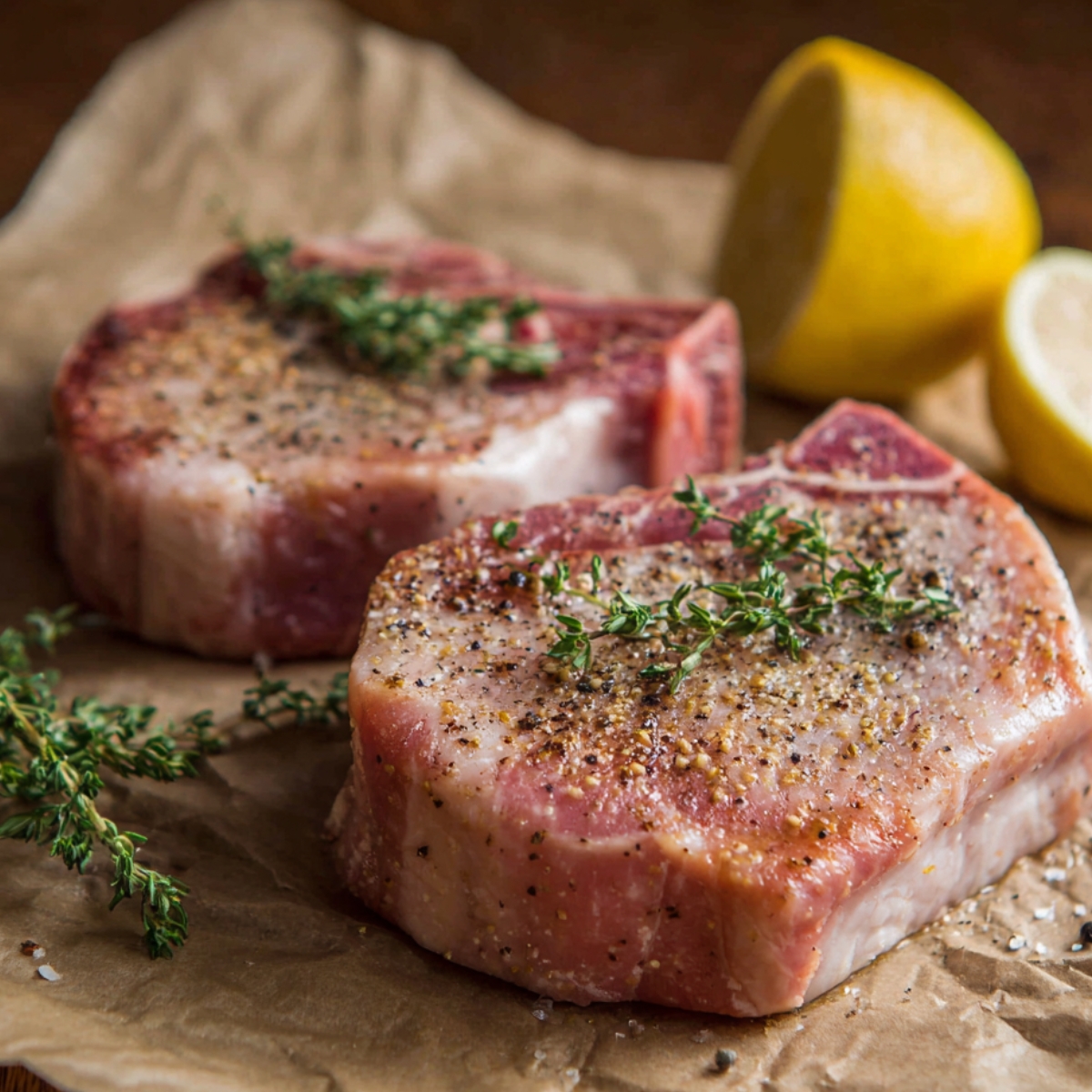 “Four juicy pork chops sizzling in a skillet, seasoned with herbs and garlic butter for a crispy, flavorful sear.”