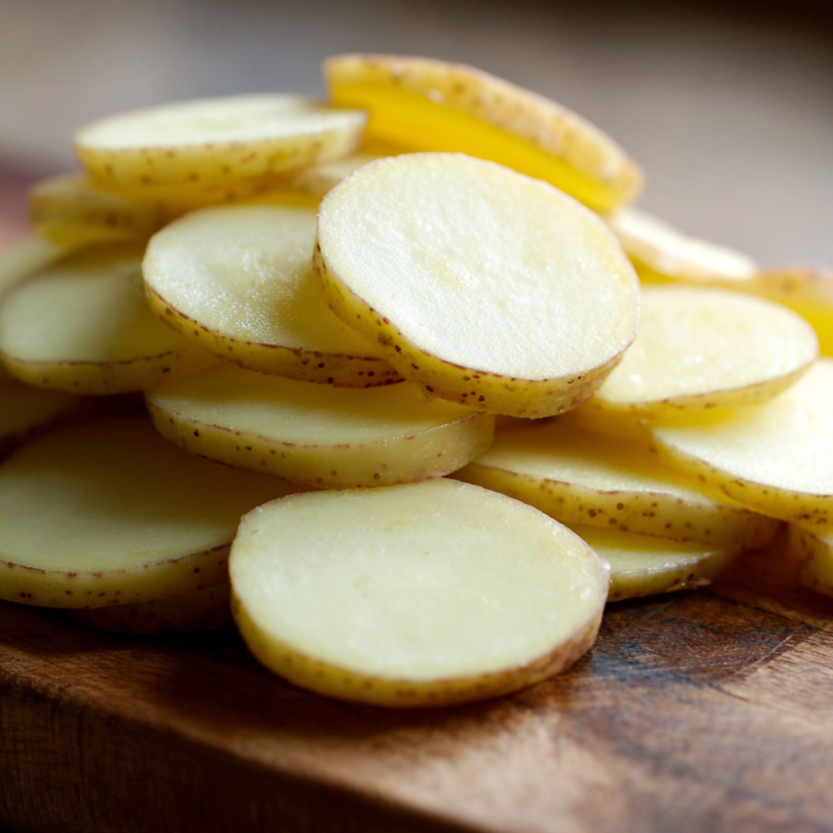 Close-up of freshly sliced raw potatoes stacked on a wooden cutting board, ready for cooking.