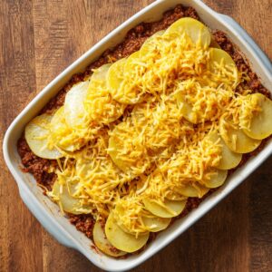 Unbaked potato and hamburger casserole layered with ground beef, sliced potatoes, and shredded cheese in a rectangular dish on a wooden table.