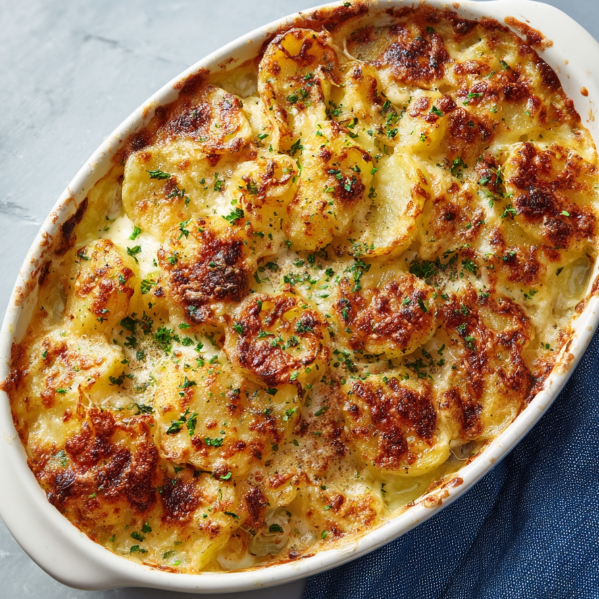 Baked potato and hamburger casserole topped with melted, golden-brown cheese and sprinkled with fresh parsley in a white baking dish.