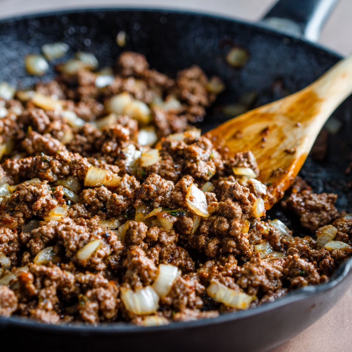Skillet filled with browned ground beef and diced onions being stirred with a wooden spoon.