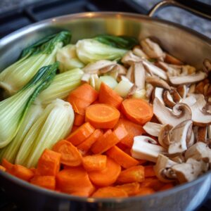A pan filled with fresh vegetables including bok choy, sliced carrots, and mushrooms, ready to be cooked as the base for potsticker soup.