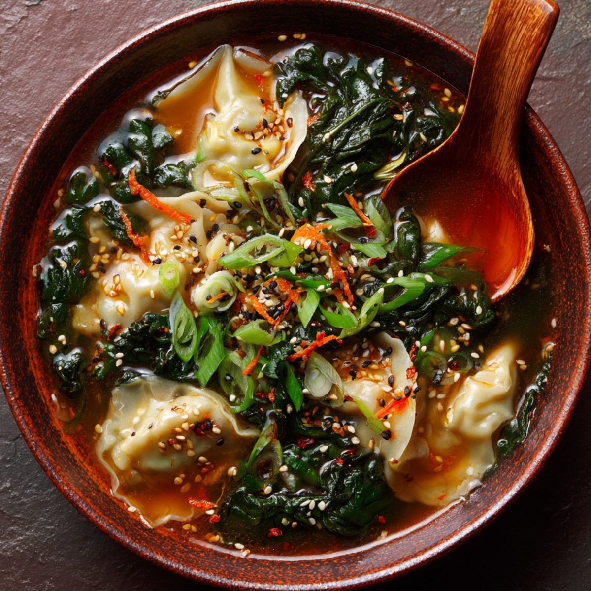 A bowl of spicy potsticker soup topped with wilted greens, sesame seeds, shredded carrots, and green onions, served with a wooden spoon in a rustic brown bowl.