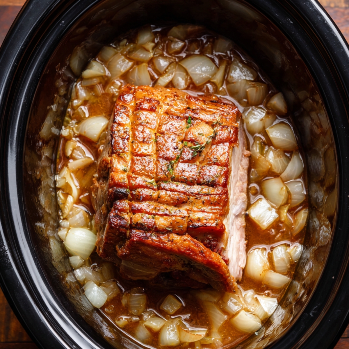 “Slow-cooked pork roast in a crockpot with diced onions and savory juices, featuring a golden-brown crust and tender texture.”