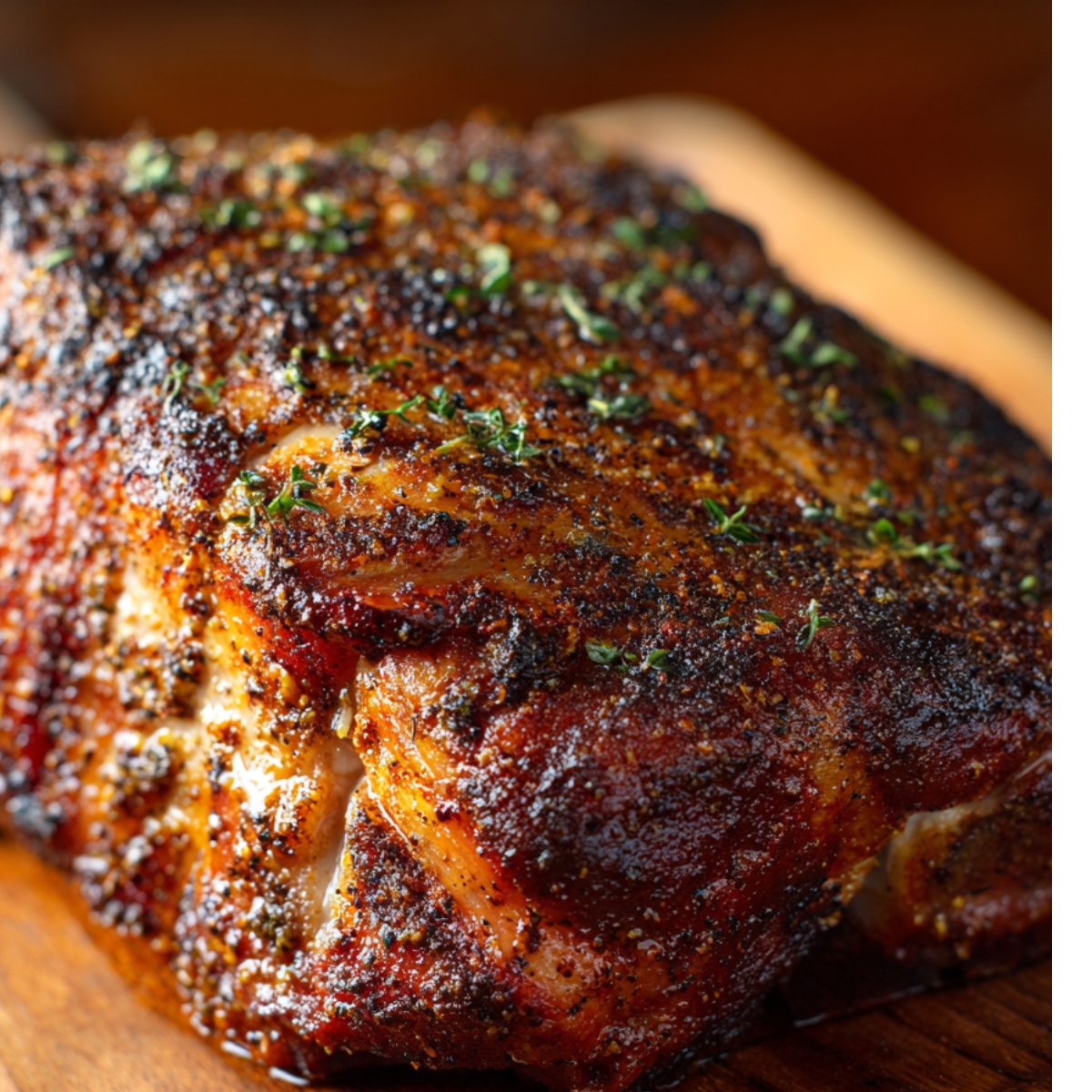 “Close-up of a perfectly seasoned roasted pork shoulder with a caramelized crust, sprinkled with herbs on a wooden board.”