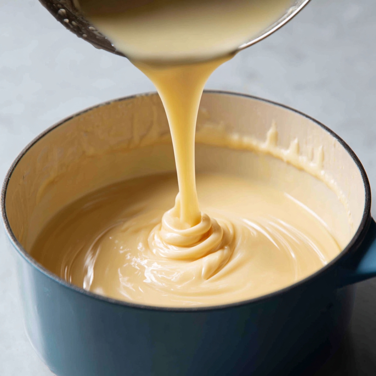 Thick creamy custard mixture being poured from a ladle into a pot, showing a rich, velvety texture.