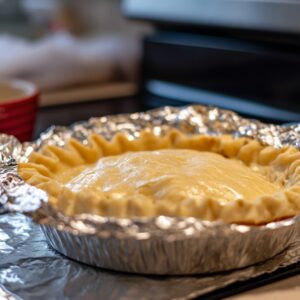 Unbaked pie with a smooth dough top and crimped edges in a foil-lined pie tin, ready for baking.