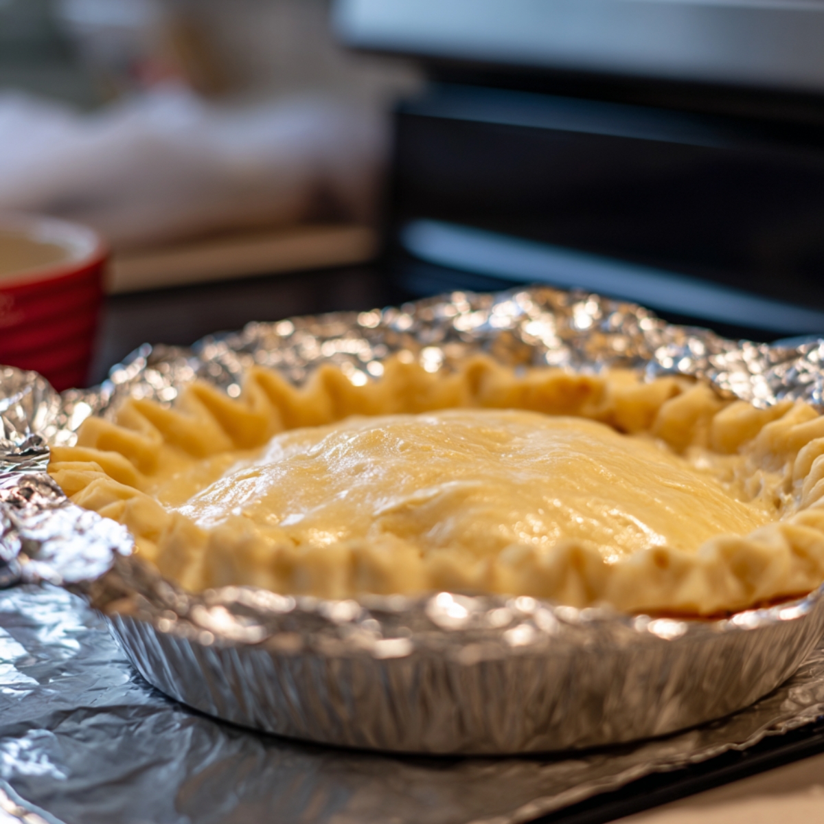 Unbaked pie with a smooth dough top and crimped edges in a foil-lined pie tin, ready for baking.