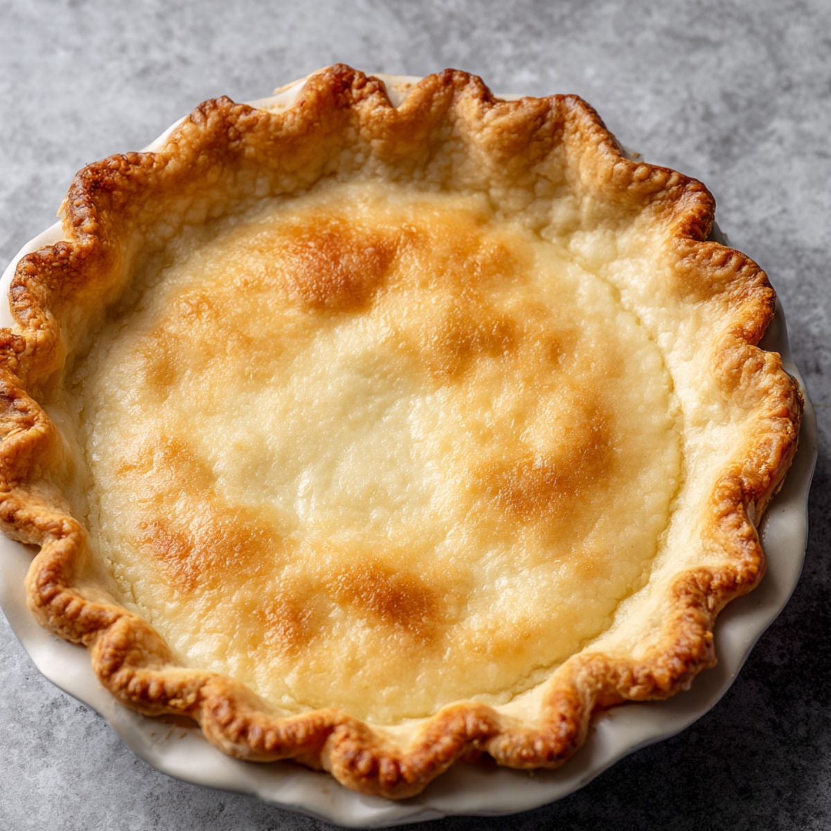 Baked pie with a smooth, evenly browned top and crimped crust edges in a ceramic dish on a gray surface.