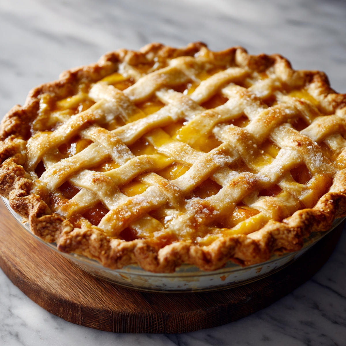 Golden-brown lattice-top pie with a glossy finish, sitting on a wooden board over a marble surface.
