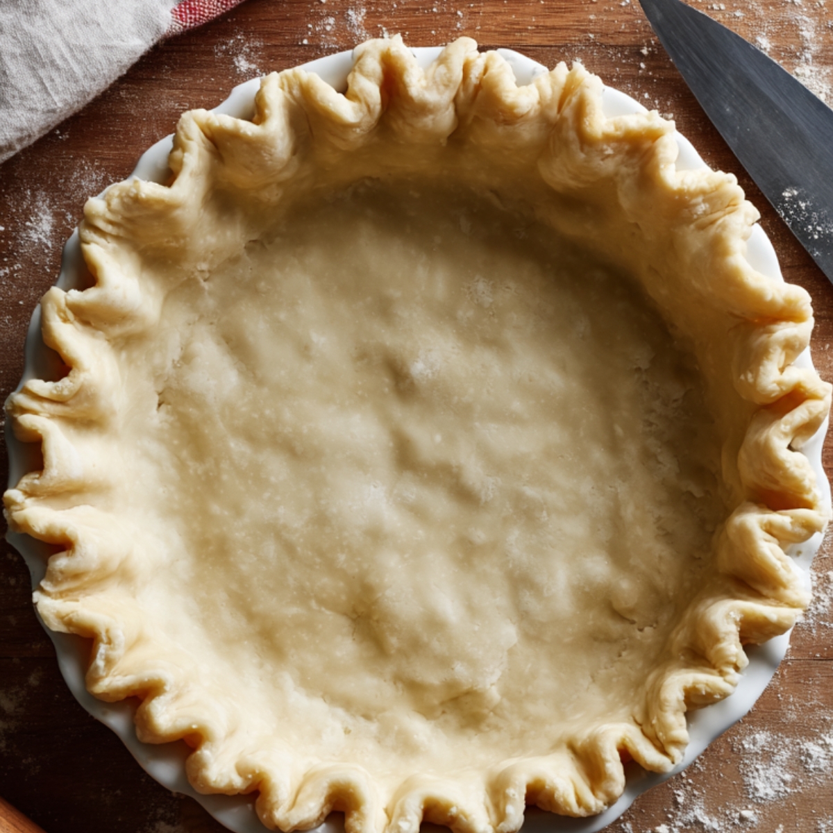 Unbaked pie crust with fluted edges in a ceramic pie dish, sitting on a floured wooden surface.