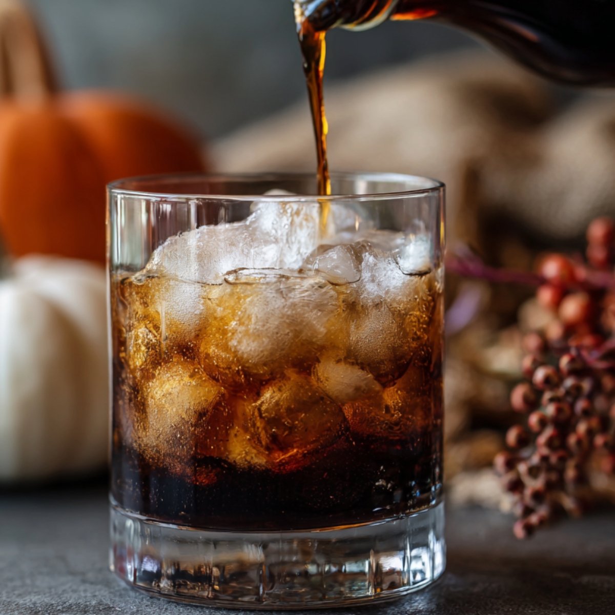 A glass of iced coffee being poured from a bottle, with ice cubes glistening and pumpkins in the background for an autumn feel.