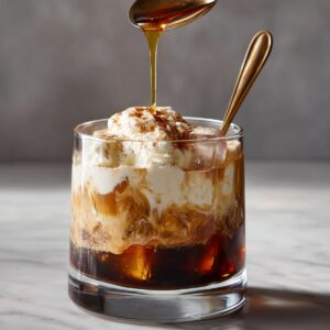 Close-up of a glass filled with iced coffee and cream, topped with whipped cream, as honey or syrup is drizzled from a spoon over the top.