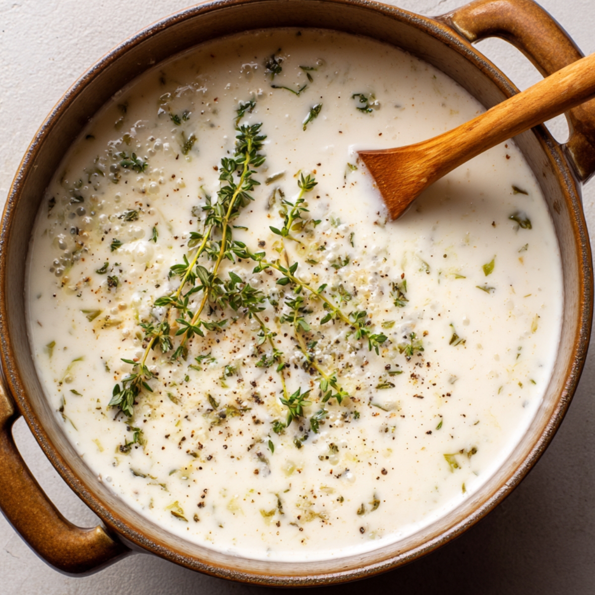 “Creamy white sauce simmering in a pot, seasoned with fresh thyme, black pepper, and herbs, being stirred with a wooden spoon.”
