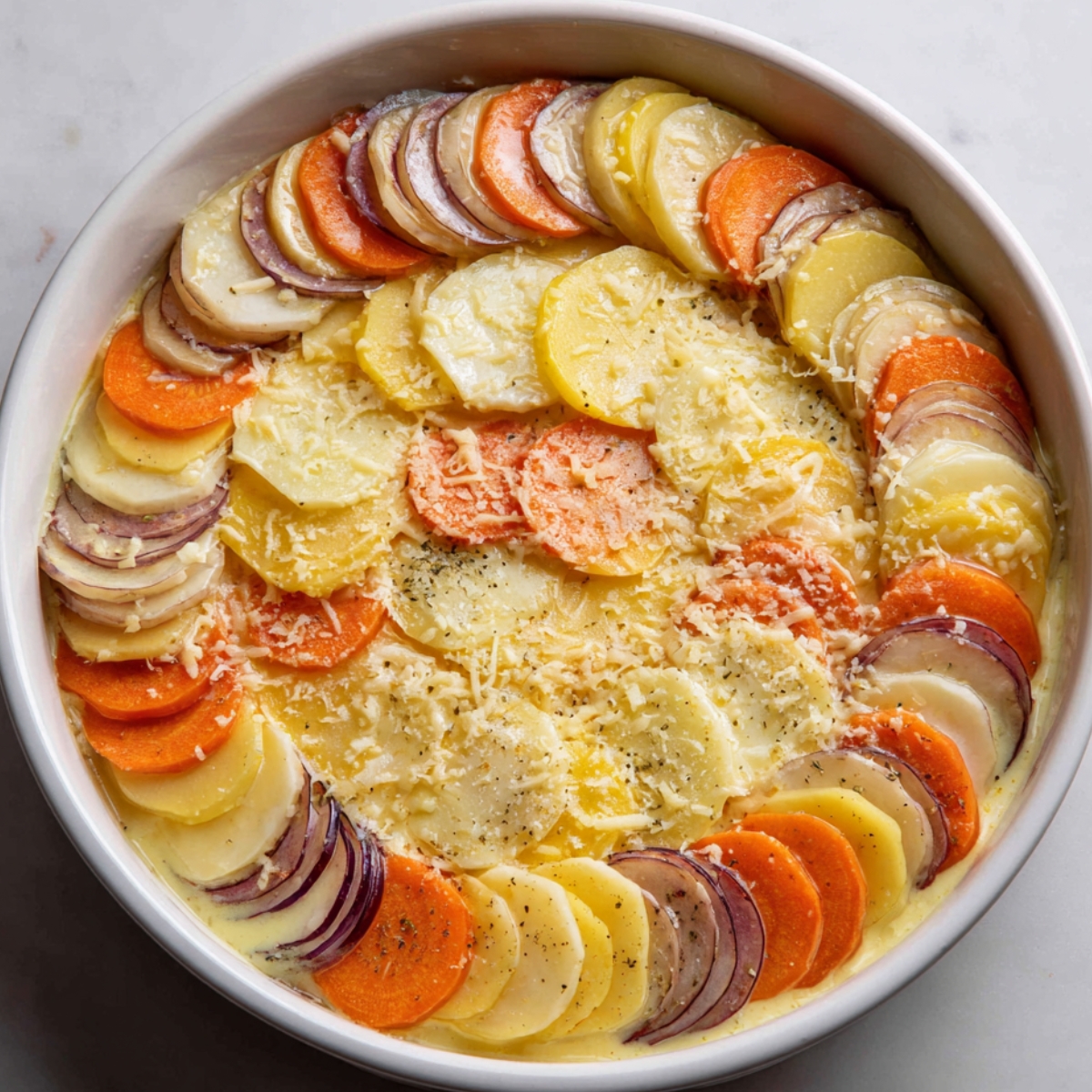 “Colorful slices of root vegetables such as potatoes, carrots, and beets arranged neatly in a circular pattern in a white baking dish, sprinkled with grated cheese.”