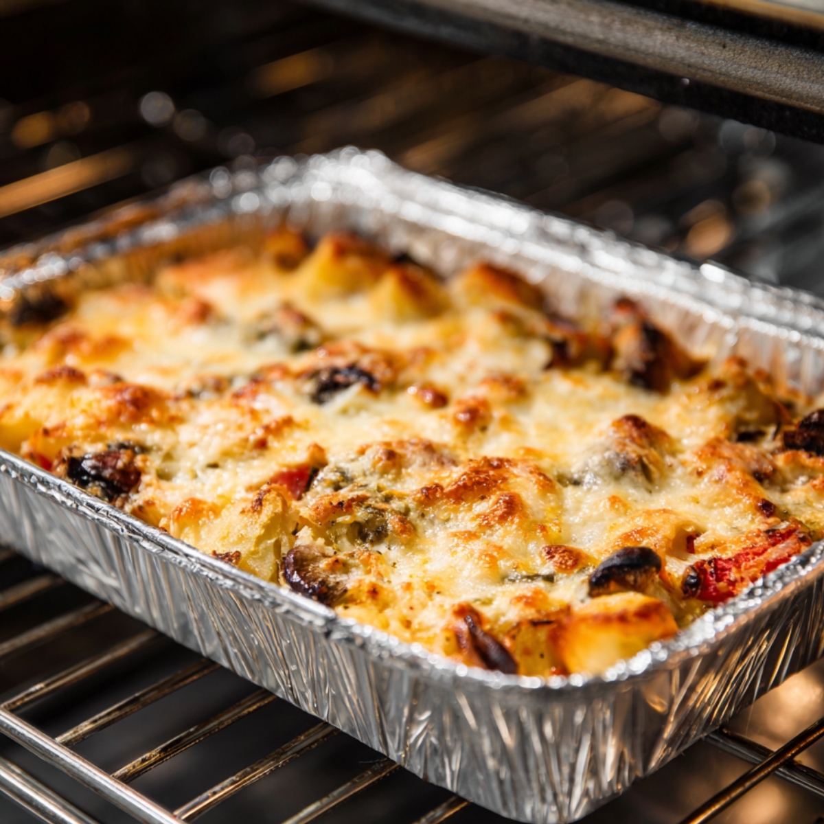 “Golden-brown vegetable gratin baking in an aluminum tray inside an oven, topped with melted cheese and crisped edges.”