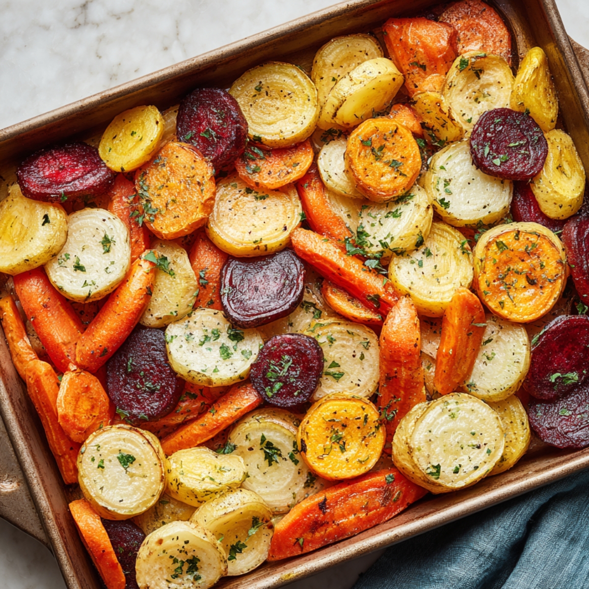 “Sheet pan filled with roasted root vegetables including beets, carrots, and potatoes, seasoned with herbs and parsley.”