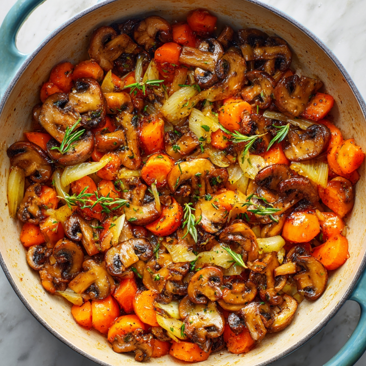 A pot filled with sautéed mushrooms, carrots, onions, and herbs like rosemary, creating a rich and aromatic soup base.