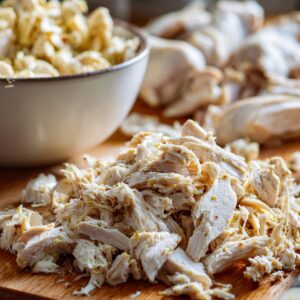 Freshly shredded rotisserie chicken on a wooden cutting board with a bowl of extra chicken in the background, ready to be added to soup.