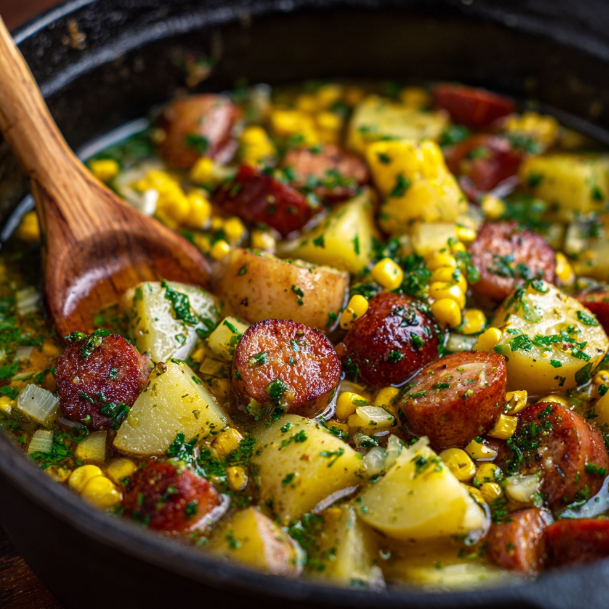Pot filled with sausage slices, potatoes, and corn in a seasoned broth with herbs, being stirred with a wooden spoon.