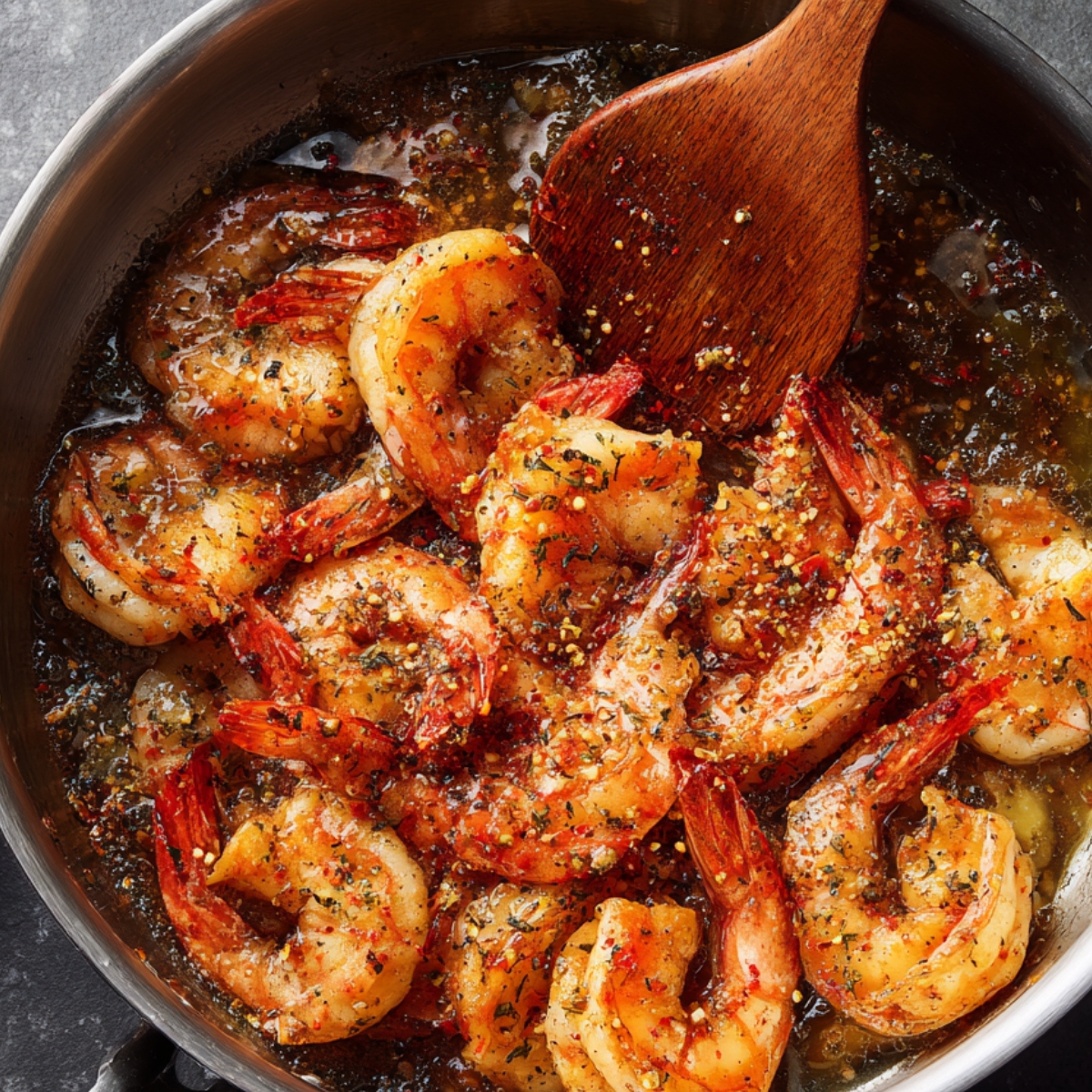 Skillet of seasoned shrimp sautéed in garlic butter and herbs, stirred with a wooden spoon.
