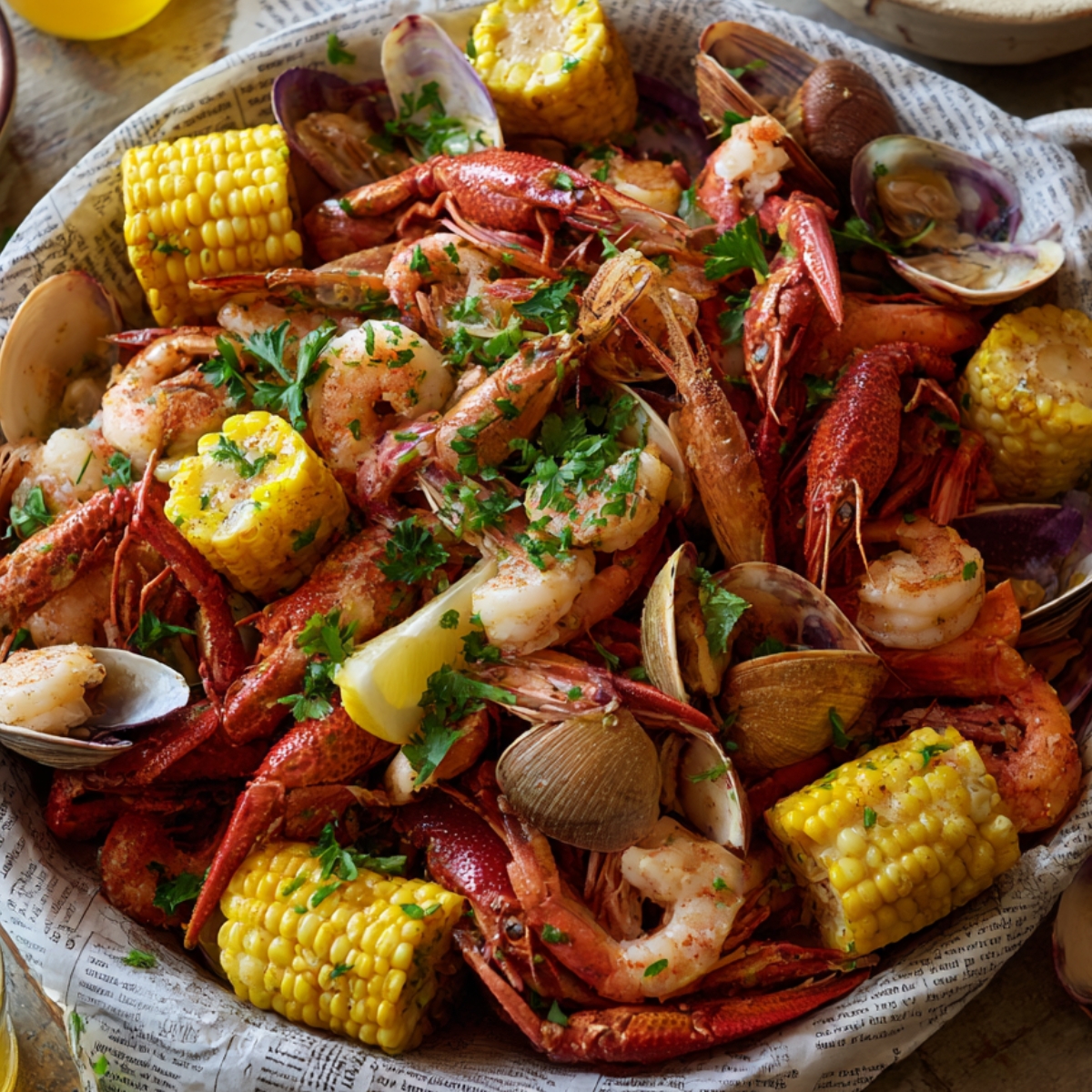 Large serving bowl of seafood boil with crawfish, shrimp, clams, and corn on the cob, garnished with parsley and lemon wedges.