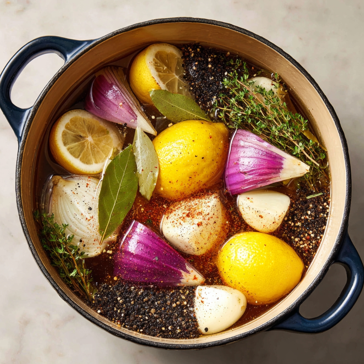 Dutch oven containing a seafood boil broth made with lemons, onions, garlic, bay leaves, thyme, and black peppercorns.