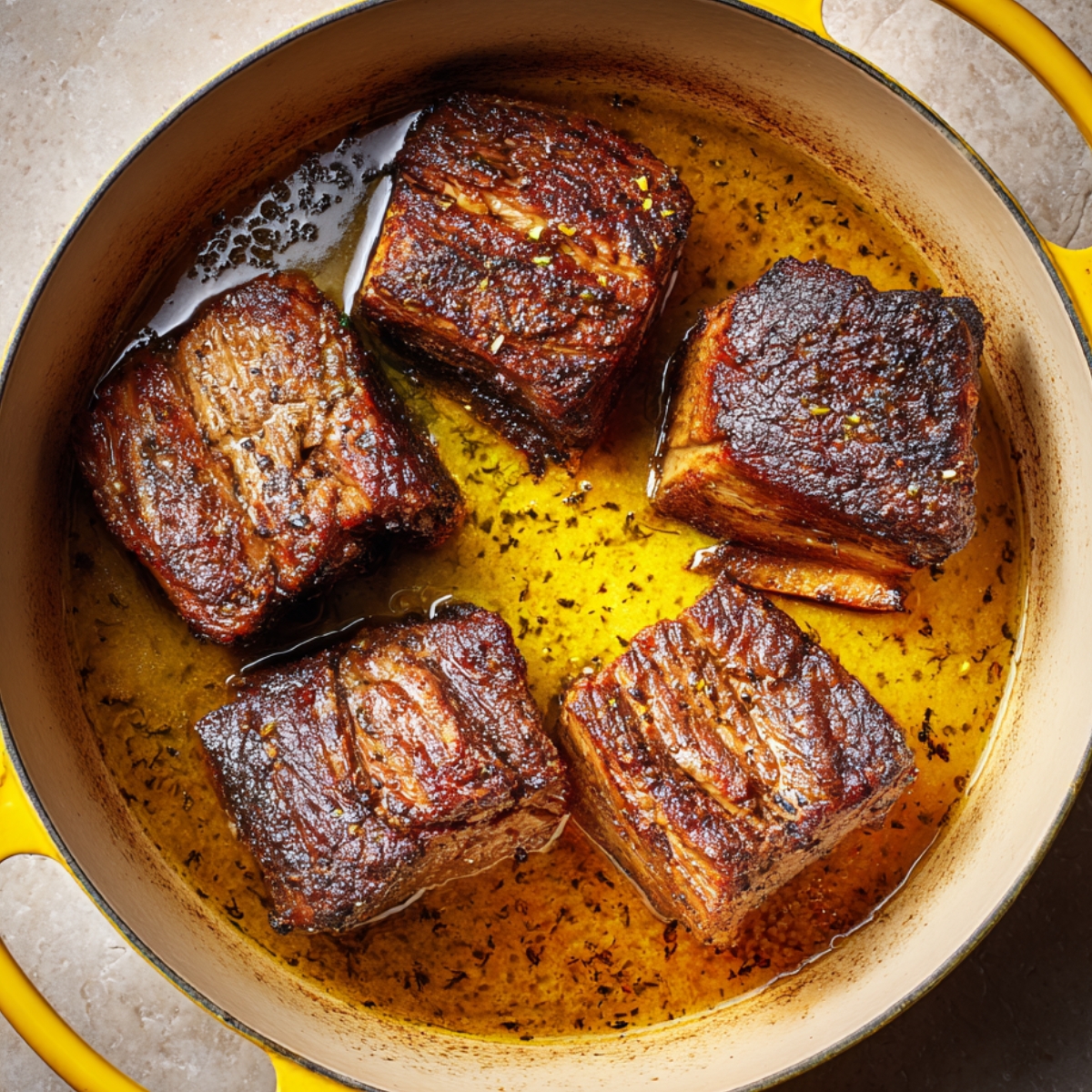 A cast iron pot with browned short ribs, resting in their own juices with some herbs and seasoning.