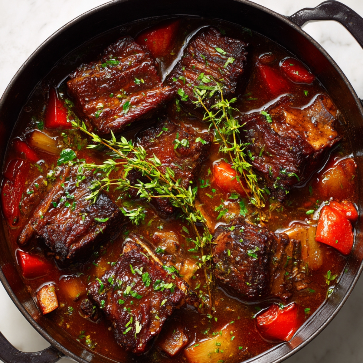 A pot of braised short ribs surrounded by vegetables like carrots and onions, garnished with thyme and parsley, and a rich, savory sauce.