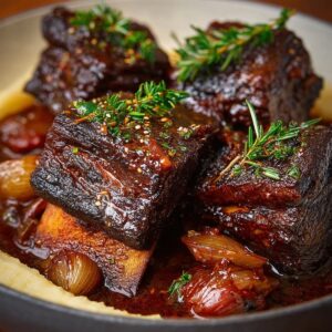 Close-up of braised short ribs served on a bed of mashed potatoes, garnished with thyme and parsley, accompanied by a rich sauce with caramelized onions.