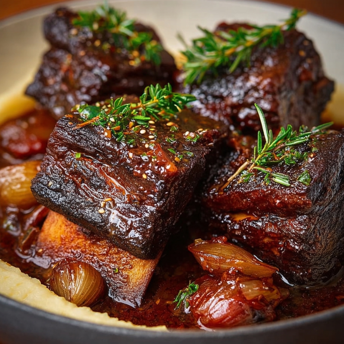 Close-up of braised short ribs served on a bed of mashed potatoes, garnished with thyme and parsley, accompanied by a rich sauce with caramelized onions.