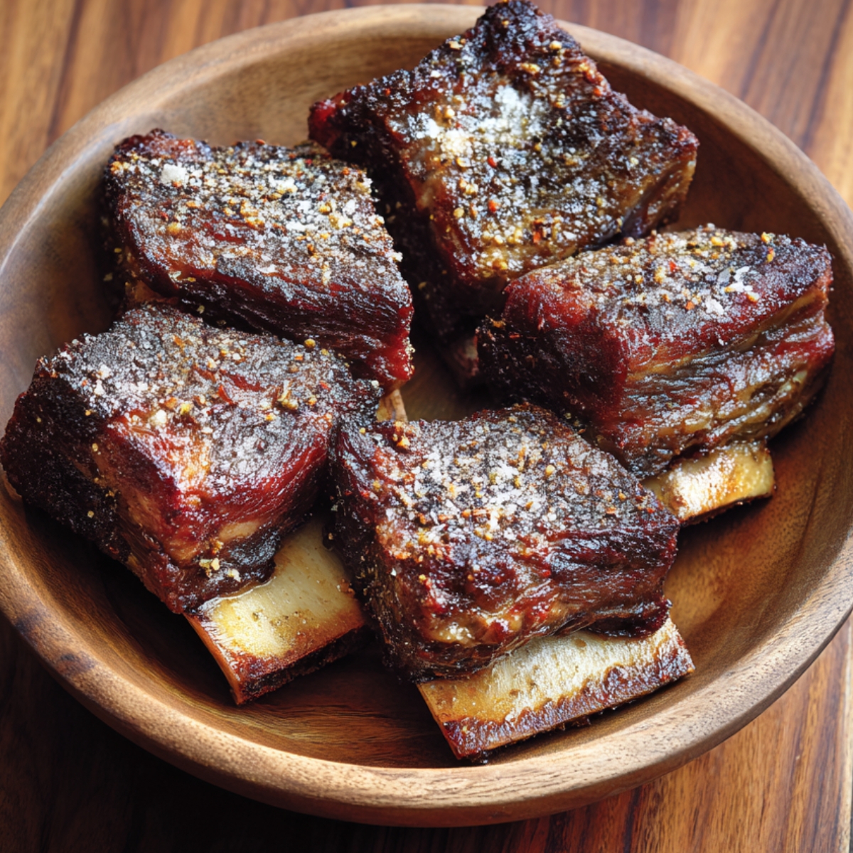A wooden bowl filled with perfectly seasoned and cooked short ribs, garnished with black and white pepper, and sea salt.