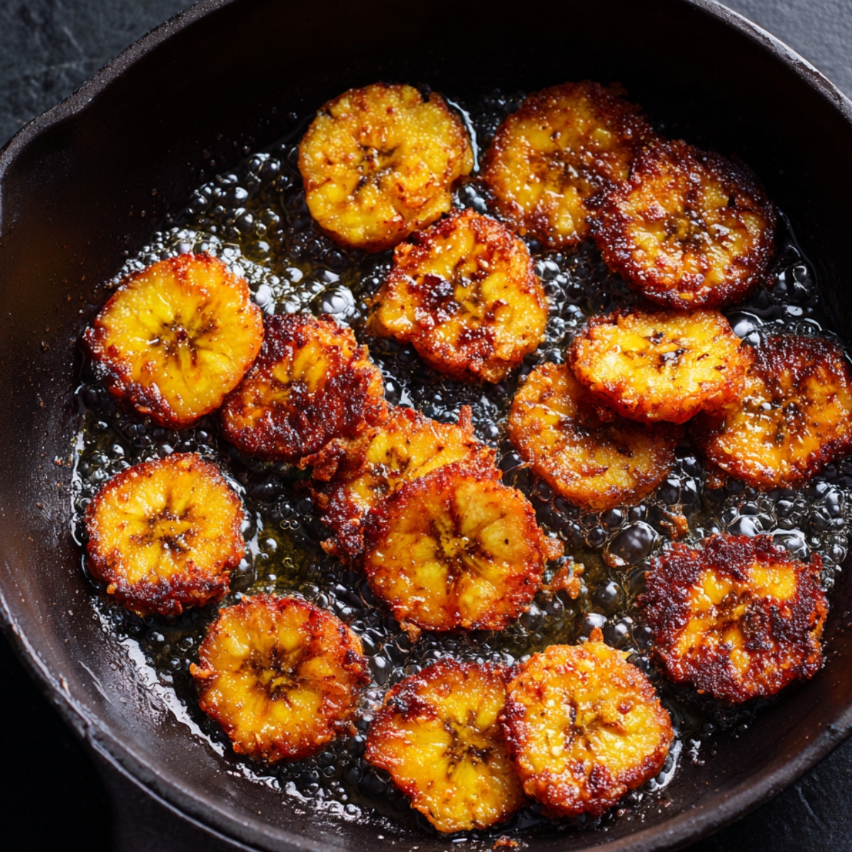 "Fried plantain slices sizzling in oil in a skillet."