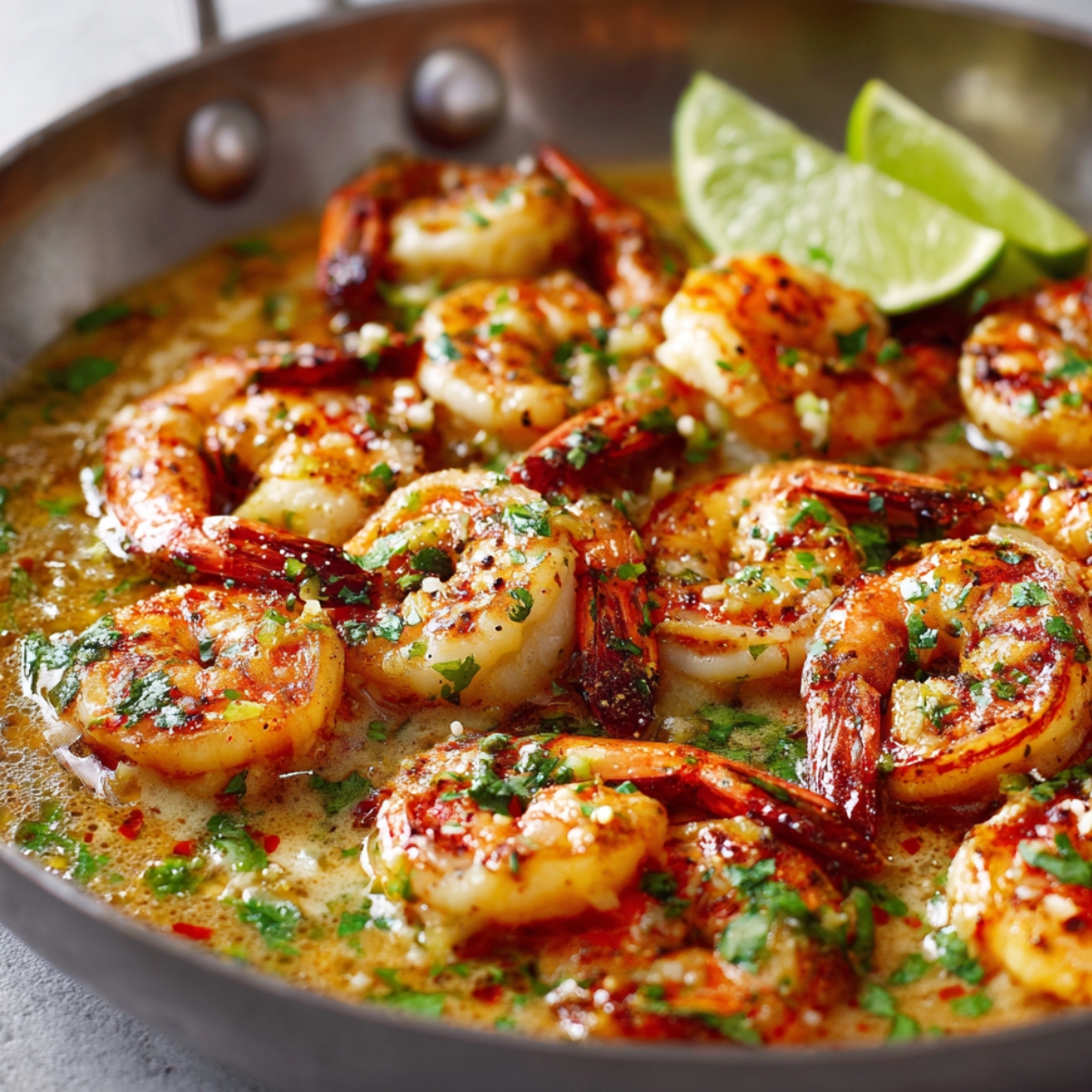 "A skillet of shrimp cooked in a flavorful sauce, garnished with cilantro and lime wedges."