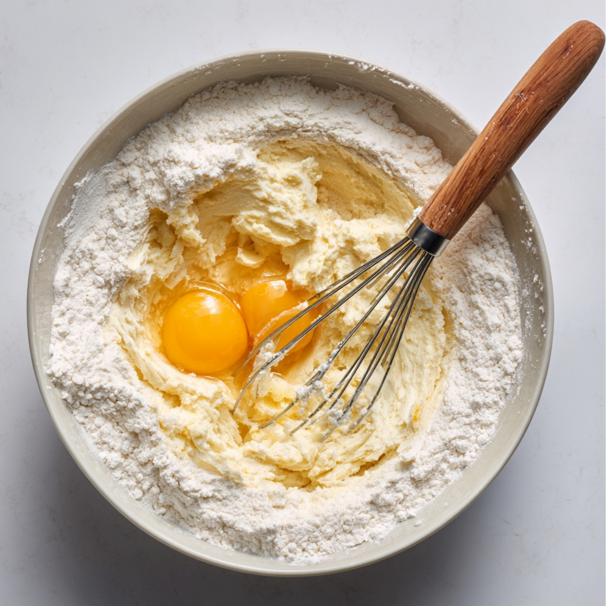 Partially mixed sugar cookie dough with two egg yolks added to the center, surrounded by flour and a whisk.