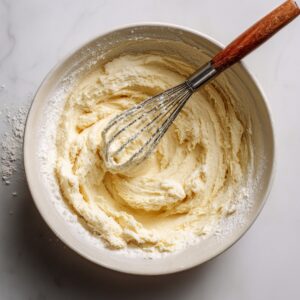 A bowl of creamy sugar cookie dough being mixed with a whisk, with flour scattered on the marble surface.