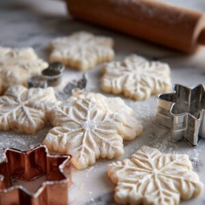 Snowflake-shaped sugar cookies dusted with powdered sugar on a marble countertop, surrounded by metal cookie cutters and a rolling pin.