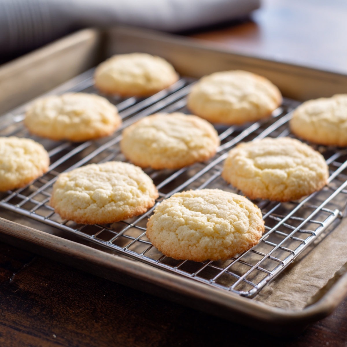 Freshly baked soft sugar cookies cooling on a wire rack placed over a baking sheet, with golden edges and a slightly cracked surface.