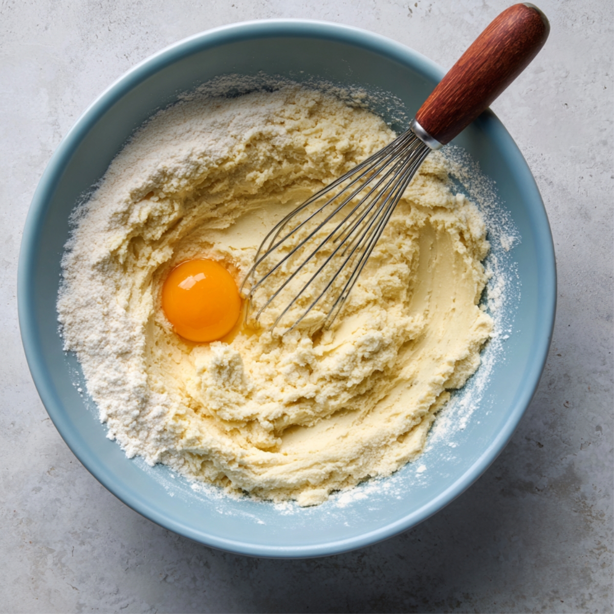 Mixing bowl with cookie dough in progress, one egg yolk resting on top of the batter, and a whisk partially submerged.
