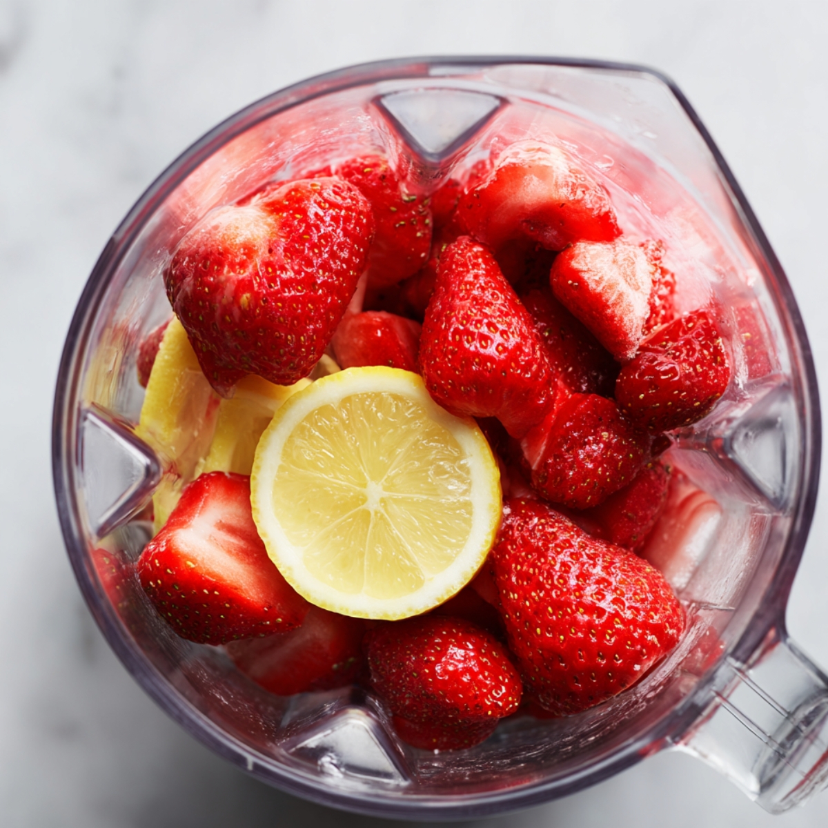 Assorted fresh ingredients for strawberry juice — whole strawberries, lemon halves, cucumber slices, ginger root, mint leaves, honey, and a strawberry drink with ice on a textured gray surface.